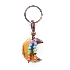 Tiger Eye 7 Chakra Natural Tiger Eye Moon Pendant Keychain, with Platinum Plated Alloy Key Rings and Gemstone Round Beads, 8.5cm