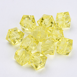 Jaune Perles acryliques transparentes, facette, cube, jaune, 8x8x7.5mm, trou: 1.4 mm, environ 1730 pcs / 500 g