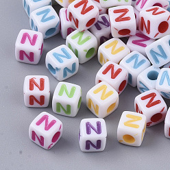 Letter N White Opaque Acrylic Beads, Horizontal Hole, Cube with Mixed Color Letter, Letter.N, 5x5x5mm, Hole: 2mm, about 5000pcs/500g