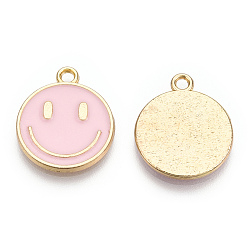 Pink Colgantes de esmalte de aleación de tono dorado claro, ronda plana con amuletos de cara sonriente, rosa, 19x16x1.5 mm, agujero: 1.8 mm