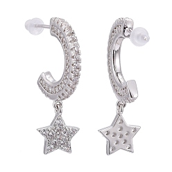 Real Platinum Plated Brass Micro Pave Clear Cubic Zirconia Stud Earrings, Half Hoop Earrings, with Plastic Ear Nut, Long-Lasting Plated, Star, Platinum, 28.5mm, Pin: 0.8mm