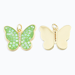 Light Green Natural Abalone Shell/Paua Shell Pendants, with Brass Micro Pave Clear Cubic Zirconia Findings and Jump Rings, Dyed, Real 18K Gold Plated, Nickel Free, Butterfly Charm, Light Green, 17x21x3mm, Jump Rings: 5mm in diameter, 1mm thick, 3mm inner diameter