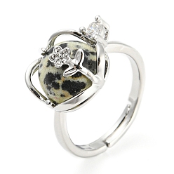 Далматинских Джаспер Регулируемое кольцо из натуральной далматинской яшмы круглой формы с цветком, платиновое латунное кольцо с хрустальными стразами, внутренний диаметр: 18 мм