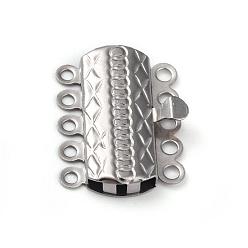 Stainless Steel Color 304 Stainless Steel Box Clasps, Multi-Strand Clasps, 5-Strands, 10-Holes, Rectangle with Flower, Stainless Steel Color, 19.5x14x3mm, Hole: 1.4mm