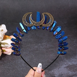 Blue Triple Moon Metal Hair Bands, Natural Quartz Crystal Wrapped Hair Hoop for Women Girl, Blue, 180x150mm