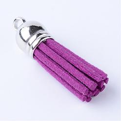 Púrpura Gamuza de imitación borla colgante decoraciones, con extremos de cable de plástico ccb, Platino, púrpura, 35~37x10 mm, agujero: 1.8 mm