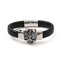 Antique Silver 304 Stainless Steel Lion Beaded Bracelet, PU Imitation Leather Braided Gothic Bracelet for Men Women, Antique Silver, 8-3/4 inch(22.1cm)