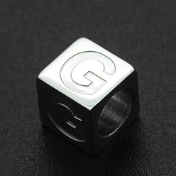 Letter G 201 Stainless Steel European Beads, Large Hole Beads, Horizontal Hole, Cube, Stainless Steel Color, Letter.G, 7x7x7mm, Hole: 5mm