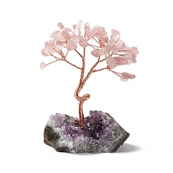 Rose Quartz Natural Rose Quartz Tree Display Decoration, Druzy Amethyst Base Feng Shui Ornament for Wealth, Luck, Rose Gold Brass Wires Wrapped, 45~52x69~75x93~107mm
