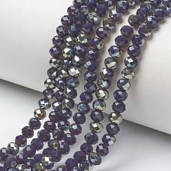 Bleu Ardoise Foncé Galvanoplastie opaques couleur unie perles de verre brins, demi-plaqué, arc-en-ciel plaqué, facette, rondelle, bleu foncé, 4x3mm, Trou: 0.4mm, Environ 123~127 pcs/chapelet, 16.5~16.9 pouce (42~43 cm)