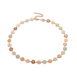 Colorful Enamel Daisy Link Chain Necklace, Vacuum Plating 304 Stainless Steel Jewelry for Women, Golden, Colorful, 16.3 inch(41.5cm)