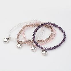 Mixed Color Glass Beads Stretch Bracelets, with Alloy Heart Charms, Mixed Color, 41mm(1-5/8 inch)