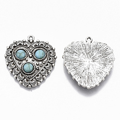 Antique Silver Tibetan Style Alloy Pendants, with Synthetic Turquoise, Cadmium Free & Lead Free, Heart, Antique Silver, 34.5x32x5mm, Hole: 1.6mm