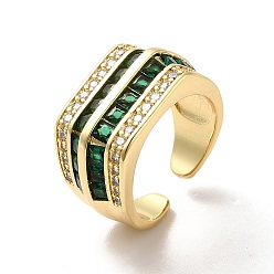 Зеленый Открытое кольцо-манжета с многорядным кубическим цирконием, широкое женское кольцо из настоящей позолоченной латуни с покрытием 18k, зелёные, размер США 7 (17.3 мм)