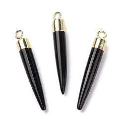 Black Onyx Natural Black Onyx Brass Pendants, Cadmium Free & Lead Free, Dyed & Heated, Bullet Shaped, Light Gold, 33~37x4~5mm, Hole: 2mm