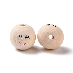 Marron Clair Perles européennes en bois imprimées, perle ronde à gros trou avec motif visage souriant, non teint, bisque, 20x17.5mm, Trou: 4.7mm, environ217 pcs / 500 g