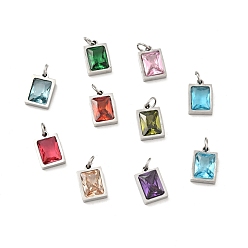 Mixed Color 304 Stainless Steel Pendants, with Cubic Zirconia and Jump Rings, Single Stone Charms, Rectangle, Stainless Steel Color, Mixed Color, 11.5x8x3.5mm, Hole: 3.6mm