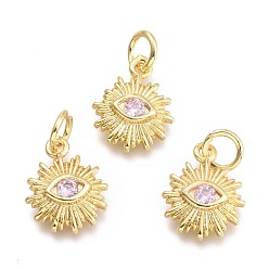 Lavender Blush Brass Micro Pave Cubic Zirconia Pendants, with Jump Ring, Sun with Eye, Real 18K Gold Plated, Lavender Blush, 12.5x10x2.7mm, Jump Rings: 5x0.8mm, Inner Diameter: 3mm