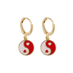 Roja Aretes colgantes de aleación de esmalte yin yang, joyas de latón chapado en oro para mujer., rojo, 28x11.5 mm
