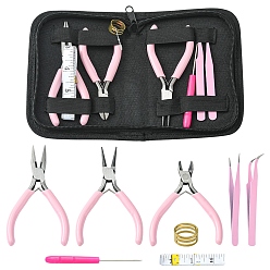 Pearl Pink Jewelry Tools Sets, including Plastic Handle Steel Pliers, 401 Stainless Steel Tweezers, Iron Bead Needles, Brass Rings, PVC Soft Tape Measures, Plastic Cable Ties, Imitation Leather Storage Bags, Pearl Pink