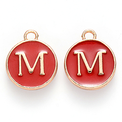 Letter M Golden Plated Alloy Charms, with Enamel, Enamelled Sequins, Flat Round, Red, Letter.M, 14x12x2mm, Hole: 1.5mm, 50pcs/Box