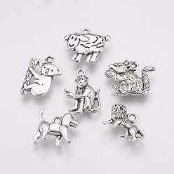 Antique Silver Tibetan Style Alloy Pendants, Monkey & Lion & Dog & Sheep & Koala & Squirrel, Antique Silver, 12~20x14~27.5x2.5~5mm, Hole: 1.5~2mm, 6pcs/set
