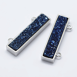 Plaqué Bleu Galvanoplastie naturelle agate druzy pendentifs, avec les accessoires en laiton, rectangle, platine, bleu plaqué, 8.5x26.5x4mm, Trou: 1mm