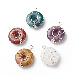 Silver Natural Mixed Gemstone Pendants, with Eco-Friendly Copper Wire Wrapped, Donut/Pi Disc Charm with Tree, Silver, 40.5x31x10.5mm, Hole: 4.5mm