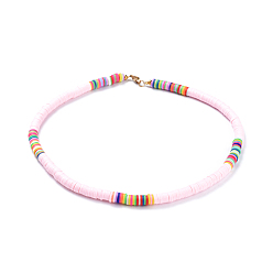 Pink Handmade Polymer Clay Heishi Beaded Necklaces, with Brass Spacer Beads and 304 Stainless Steel Findings, Pink, 15.9~16.1 inch(40.5~41cm)