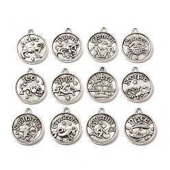 Antique Silver Tibetan Style Alloy Pendants, Cadmium Free & Lead Free, Flat Round with Mixed Constellation/Zodiac Sign, Antique Silver, 20x17x2mm, Hole: 2mm, about 175pcs/500g