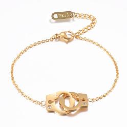 Golden 304 Stainless Steel Link Bracelets, with Rhinestone, Handcuffs, Golden, 6-1/4 inch(160mm)