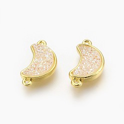 Beige Electroplate Druzy Resin Links connectors, with Golden Tone Brass Findings, Moon, Beige, 18.5x10x4mm, Hole: 1mm