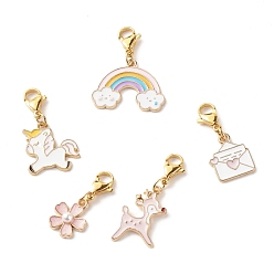 Mixed Color Alloy Enamel Pendant Decorates, Deer & Unicorn & Sakura Flower & Envelope & Rainbow, with 304 Stainless Steel Lobster Claw Clasps, Mixed Color, 27~29mm