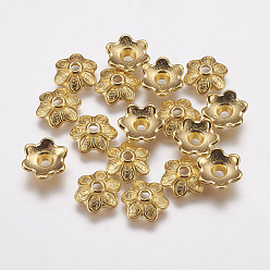 Golden Tibetan Style Caps, Flower, Cadmium Free & Nickel Free & Lead Free, Golden, 10.5x3.5mm, Hole: 2mm