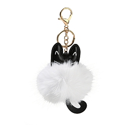 White Cute Cat PU Leather & Imitate Rex Rabbit Fur Ball Keychain, with Alloy Clasp, for Bag Car Key Decoration, White, 18cm