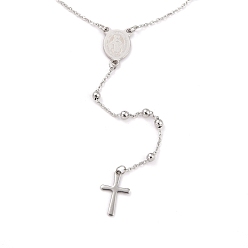 Stainless Steel Color 304 Stainless Steel Rosary Bead Necklaces For Religion, with Oval with Virgin Mary Link and Cross Pendants, Stainless Steel Color, 62~63cm