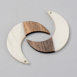 Floral White Opaque Resin & Walnut Wood Pendants, Moon, Floral White, 38x30x3mm, Hole: 2mm