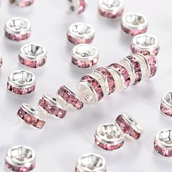 Rose Brass Grade A Rhinestone Spacer Beads, Silver Color Plated, Nickel Free, Rose, 10x4mm, Hole: 2mm