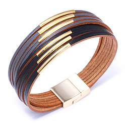 Mixed Color Genuine Cowhide Leather Cord Multi-strand Bracelets, with Alloy Findings, Mixed Color, 7-1/2 inch(19cm), 30mm