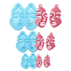 Light Sky Blue 3Pcs 3 Style Abstract Face Silicone Molds, Pendant Molds, for DIY UV Resin, Epoxy Resin Earring Jewelry Making, Light Sky Blue, 42.5~77x48~83x5mm, Hole: 2.5~5mm, 1pc/style