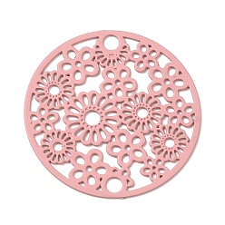 Pink 430 Stainless Steel Connector Charms, Etched Metal Embellishments, Flat Round with Flower Links, Pink, 20x0.5mm, Hole: 1.8mm