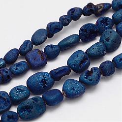 Blue Plated Electroplated Natural Druzy Geode Crystal Bead Strands, Nuggets, Blue Plated, 5~13x8~9x6~9mm, Hole: 1mm, about 40~42pcs/strand, 15.3 inch(390mm)