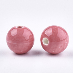 Hot Pink Handmade Porcelain Beads, Bright Glazed Porcelain, Round, Hot Pink, 14~14.5x13.5~14mm, Hole: 2.5~3mm