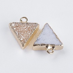 PeachPuff Natural Druzy Agate Charms, Rainbow Plated, with Golden Plated Brass Findings, Triangle, PeachPuff, 13~15x11.5~13x4mm, Hole: 1.5mm