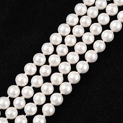 Blanco Hebras de perlas shell, grano de la perla de imitación, Grado A, rondo, blanco, 6 mm, agujero: 0.5 mm, 63~64 pcs / Hilo, 15 pulgada