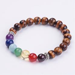 Tiger Eye Natural Gemstone Beads Stretch Bracelets, with Donut Tibetan Style Alloy Spacer Beads, 1-7/8 inch~2 inch(49~51mm)