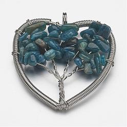 Natural Agate Dyed Natural Agate Bead Brass Wire Wrapped Heart Big Pendants, Tree of Life, Cadmium Free & Nickel Free & Lead Free, Platinum, 45~50x48~52x6~9mm, Hole: 4~6mm
