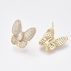 Real 18K Gold Plated Brass Micro Pave Cubic Zirconia Stud Earring Findings, with Loop, Butterfly, Clear, Nickel Free, Real 18K Gold Plated, 15.5x15.5mm, Hole: 1mm, Pin: 0.8mm
