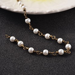 Blanco Redondo hecho a mano con cuentas de perlas de cristal cadenas, sin soldar, con fornituras de latón, Bronce antiguo, blanco, 6 mm, sobre 60 unidades / cadena, 39.3 pulgada