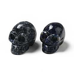 Punto Piedra Azul Decoraciones de exhibición de jaspe de punto azul natural de halloween, decoraciones para el hogar, cráneo, 35~37x30~31x48~50.5 mm